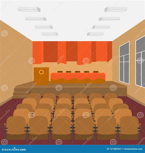 School Assembly Hall Interior Decorated Stage Vector Illustration