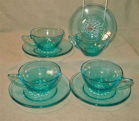 Hazel Atlas Capri Hobnail Cups Saucers Electric Blue Tea Pots