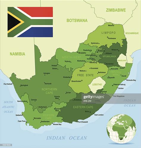 Green Map Of South Africa States Cities And Flag High Res Vector