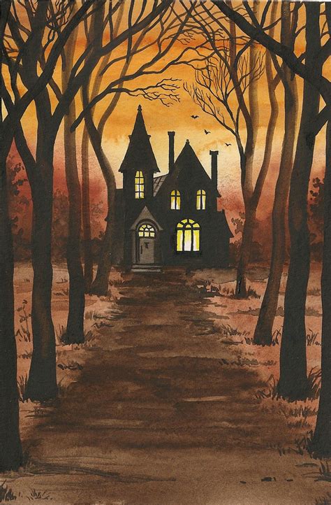 810 Print Of Halloween Watercolor Painting Ryta Haunted House Bats Fall
