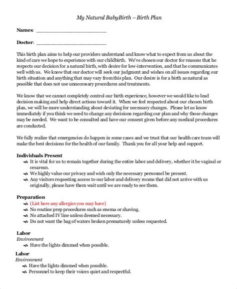 Natural Birth Plan Sample Birth Plan Birth Plan Template Natural