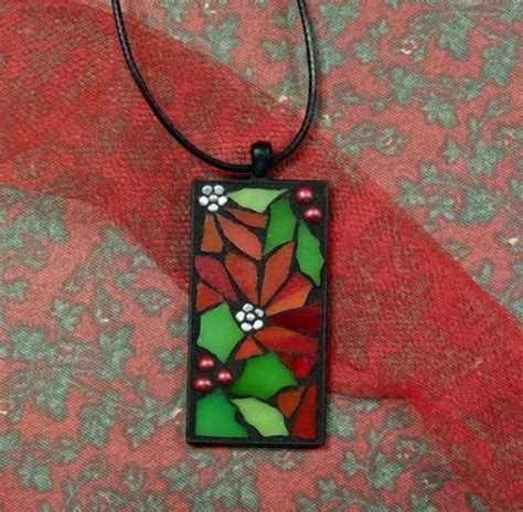 Stained Glass Mosaic Christmas Pendant With Poinsettia Holly Etsy