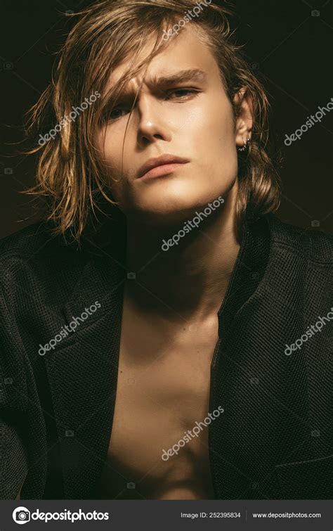 Muscle Blonde Beautiful Stripped Male Model Long Hair Casual Look Stock