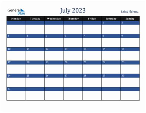 July 2023 Saint Helena Monthly Calendar With Holidays