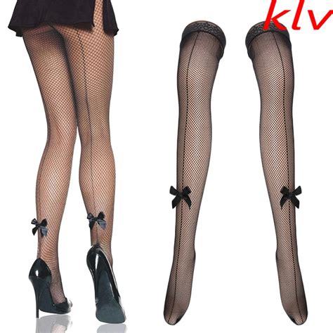 Klv Summer Style Sexy Women Lace Top Back Seam Fishnet Sheer Stocking With Bows Hosiery Thigh