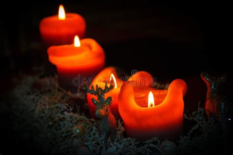 Christmas Candles In Advent With Snowy Decor Stock Photo Image Of