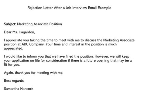 Candidate Rejection Email After An Interview 20 Free Templates