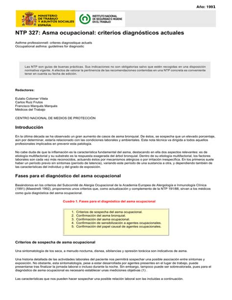 Nueva Ventanantp 327 Asma Ocupacional Criterios Diagnósticos