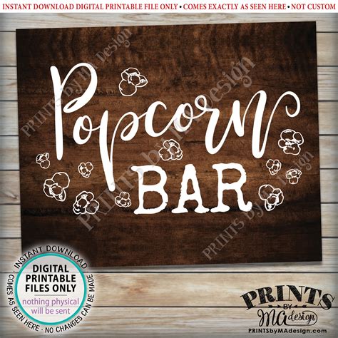 Popcorn Bar Sign Printable 8x1016x20 Brown Rustic Wood Style Sign