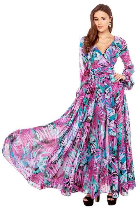 Bohemian V Necktropical Print Flowy Chiffon Wrap Maxi Dress Maxi Dress Floral Print Maxi