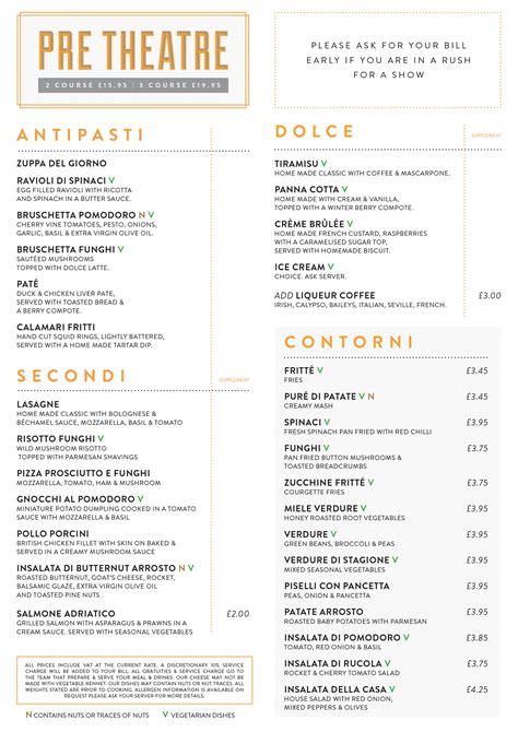 An Orange And White Menu With The Words Pre Theatre On Its Side
