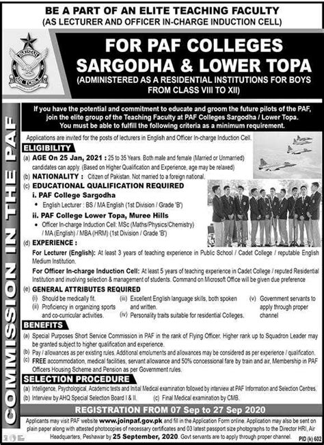 Paf Colleges Sargodha And Lower Topa Jobs 2020 Latest Jobs In Pakistan