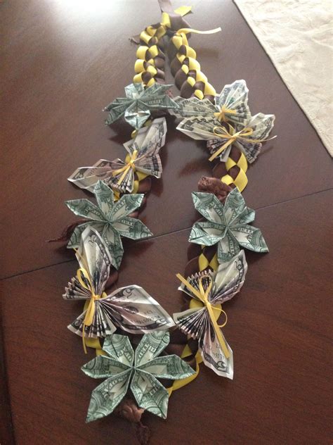 Money Ribbon Graduation Lei With Butterflys And Plumeria Flowers