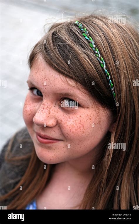 Girl 10 Years Old With Freckles Smiling Stock Photo Alamy