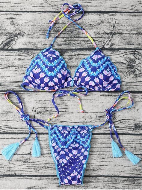 Side Tie Halter Tassel Printed Bikini Set Blue Printed Bikini Sets Bikinis Tassel Bikini Set