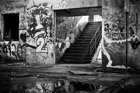 Hd Wallpaper Grayscale Photography Of Stair Beside Wall Full Of