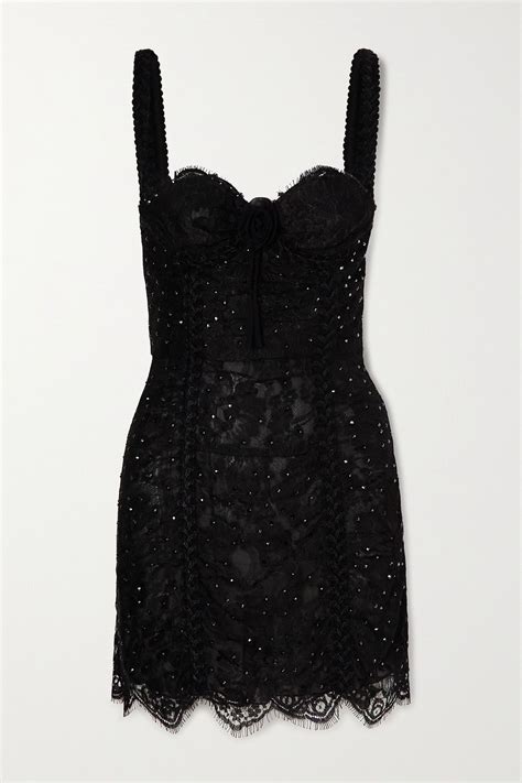 Alessandra Rich Crystal Embellished Lace Mini Dress Mini Black Dress