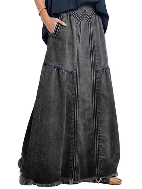 Chouyatou Women S Casual Elastic Waist Frayed Hem A Line Distressed Hippie Long Maxi Denim Skirt