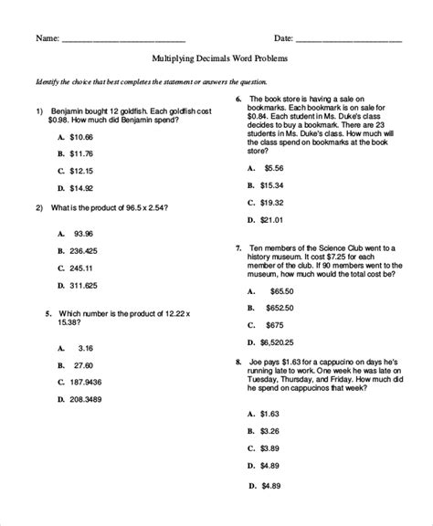 Each worksheet has 20 problems determining where to place the decimal in a multiplication each worksheet has 12 problems multiplying decimals up to hundredths. FREE 8+ Sample Multiplication and Division Worksheet ...