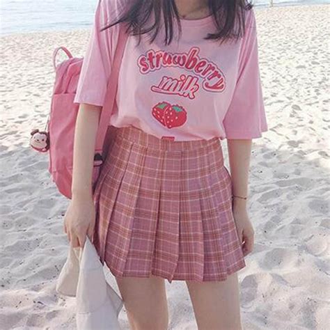 pink strawberry printing t shirt ad0085 kawaii fashion outfits aesthetic clothes fashion