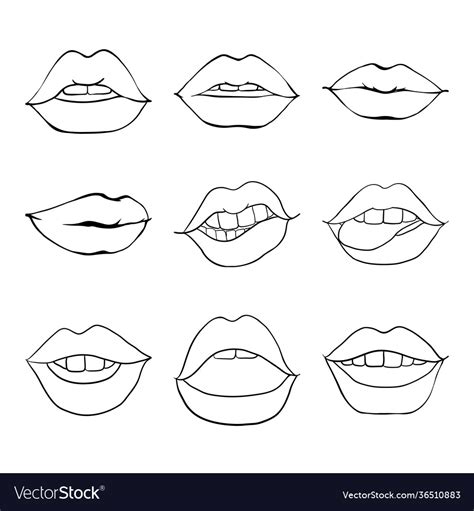 Set Sketches Mouth With Teeth Female Lips Vector Image