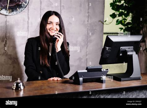 Hotel Receptionist Modern Hotel Reception Desk With Bell Happy Female