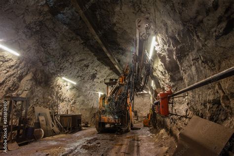 Underground Gold Ore Mine Shaft Tunnel Gallery Passage With Drilling