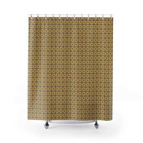 Mustard Yellow Floral Print Shower Curtain Retro Style Etsy