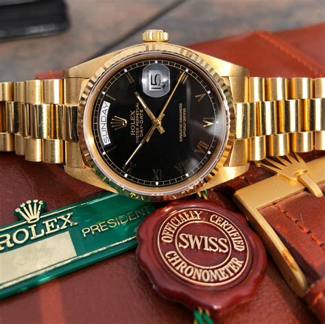 Rolex President 18038 Day Date 18k Yellow Gold Black Roman Circa 1984