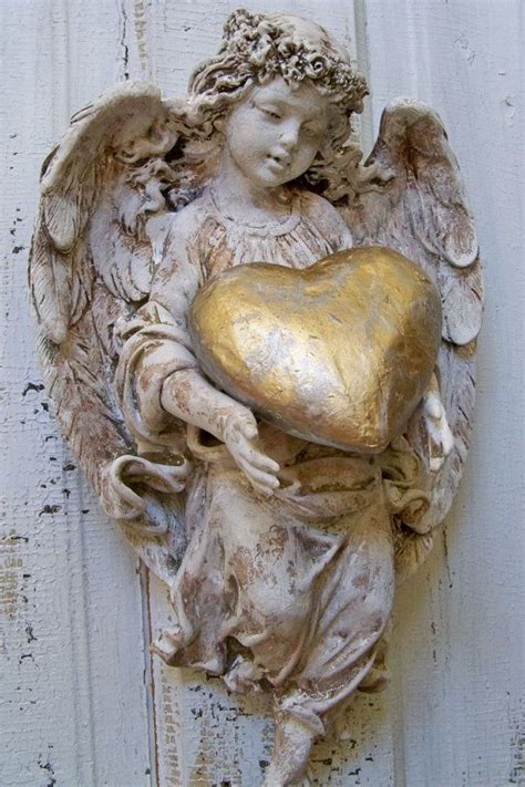 Angel Sculpture Hand Painted Distressed Figurine Holding Golden Heart