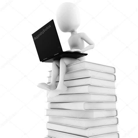 3d Man Sitting On A Pile Of Books Working At His Lapop — Stock Photo