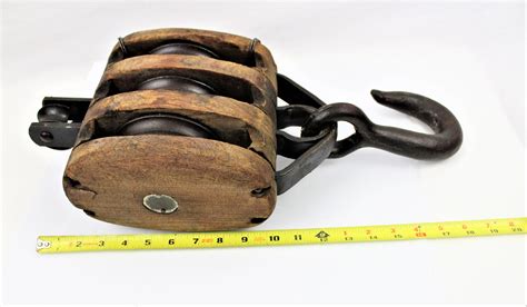 Antique Barn Pulley Large Triple Rope Wood Pulley Farm Ware