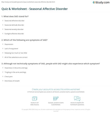 Quiz And Worksheet Seasonal Affective Disorder
