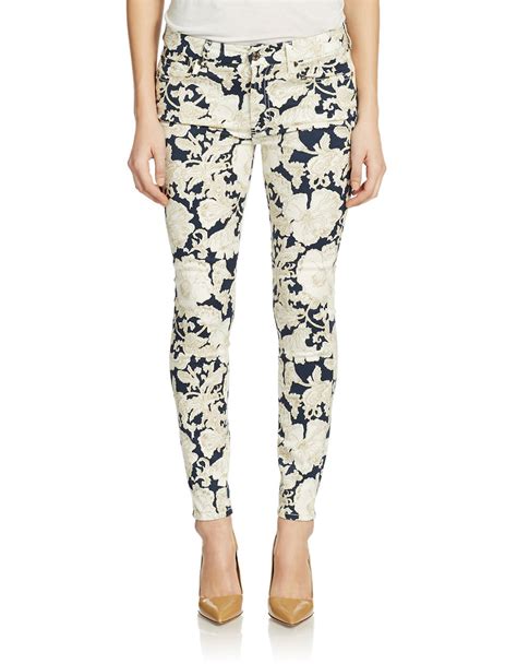 Lyst 7 For All Mankind Floral Print Skinny Ankle Jeans In Black