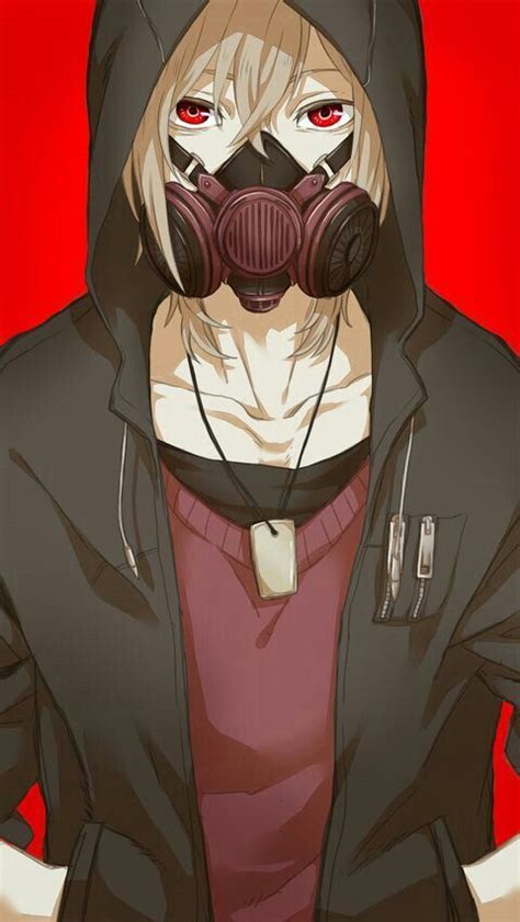 Anime Boy Gas Mask White Hair Black Hoodie Red Shirt