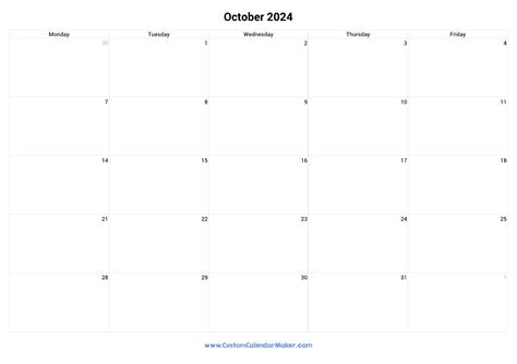 October 2024 Calendar Weekdays Only Monday To Friday