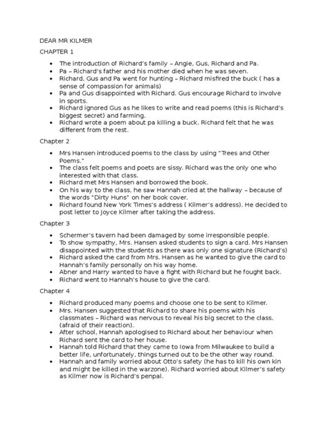 Start studying dear mr kilmer (chapter 1 & 2: Dear Mr Kilmer | Violence