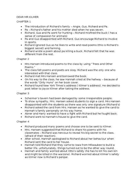 Nobody was interested when richard told his family about mr kilmer's letter the novel that i read was 'dear mr kilmer' by anne schraff. Dear Mr Kilmer | Violence