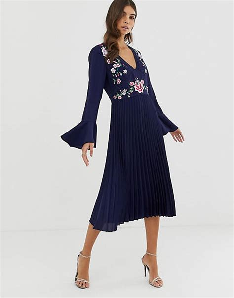 Asos Design Embroidered Pleated Midi Dress With Lace Inserts Asos