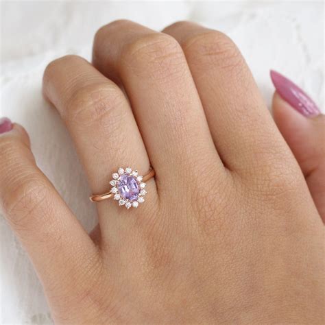 Natural Purple Sapphire Engagement Ring Rose Gold Diamond Cluster Ring