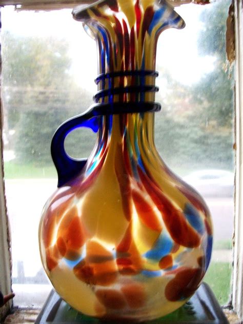 Stunning Art Glass Multi Colored Handled Unique Vase Unique Vases Glass Art Art Glass Vase