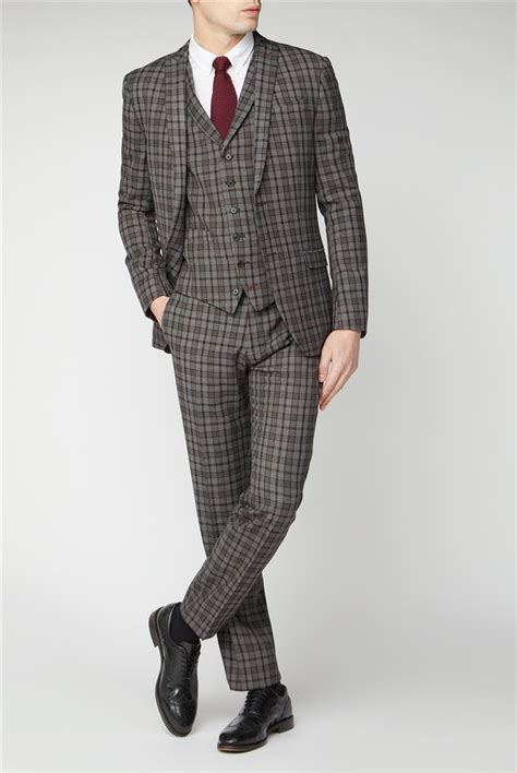 Limehaus Grey And Burgundy Checked Slim Fit Suit Suit Direct