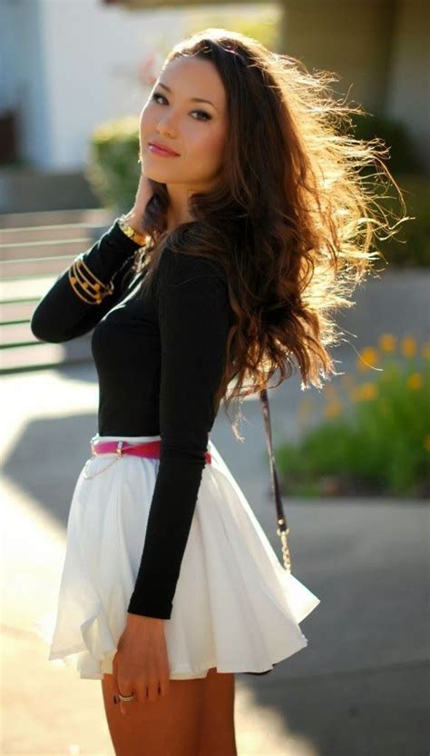 black sleeve blouse  white flowy mini skirt fashion