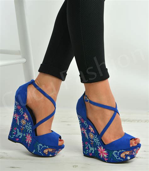 Ladies Womens Floral Wedge Platforms High Heels Ankle Strap Shoes Size