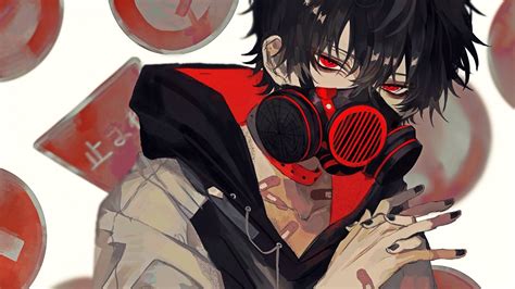 Download 1920x1080 Anime Boy Gas Mask Red Eyes Black Hair Hoodie Wallpapers For Widescreen