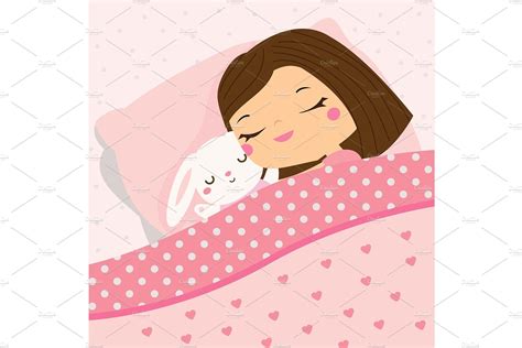 Cute Girl Sleeping With Bunny Toy Graphics Creative Market