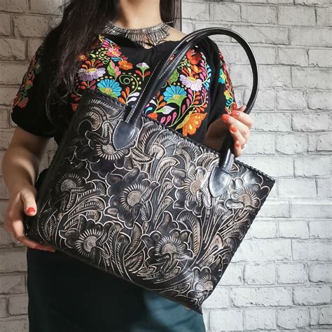 Womens Bag Tote Black Hand Tooled Leather Hand Etsy Leather Bag