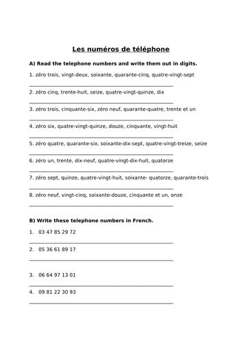 French Numbers 1 100 Telephone Numbers Worksheet Teaching Resources