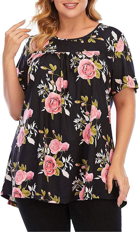 Womens Plus Size Summer Tops Loose Fit Short Sleeve Floral Flowy Shirts