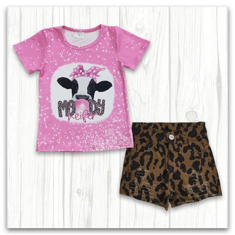 Wholesale Moody Heifer Leopard Print Jean Pink Girls Denim Shorts Sets